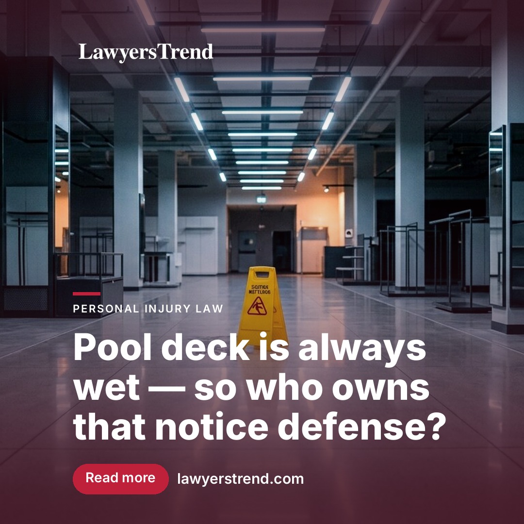 Empty outdoor swimming pool deck with wet tile surface and lane markings visible