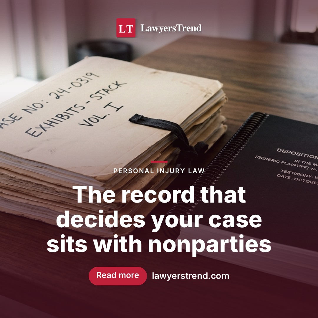 Stack of manila record folders and a bound transcript on a conference table in soft side light
